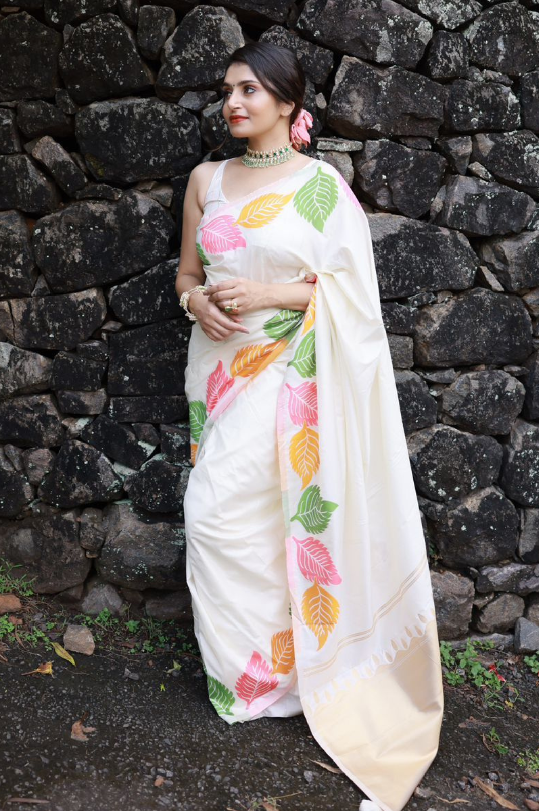 soft silk multicolour leaf woven design with zari woven pallu