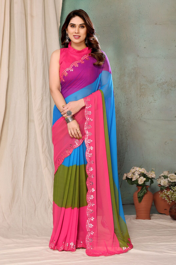 Georgette Silk Printed Saree with Mirror Work