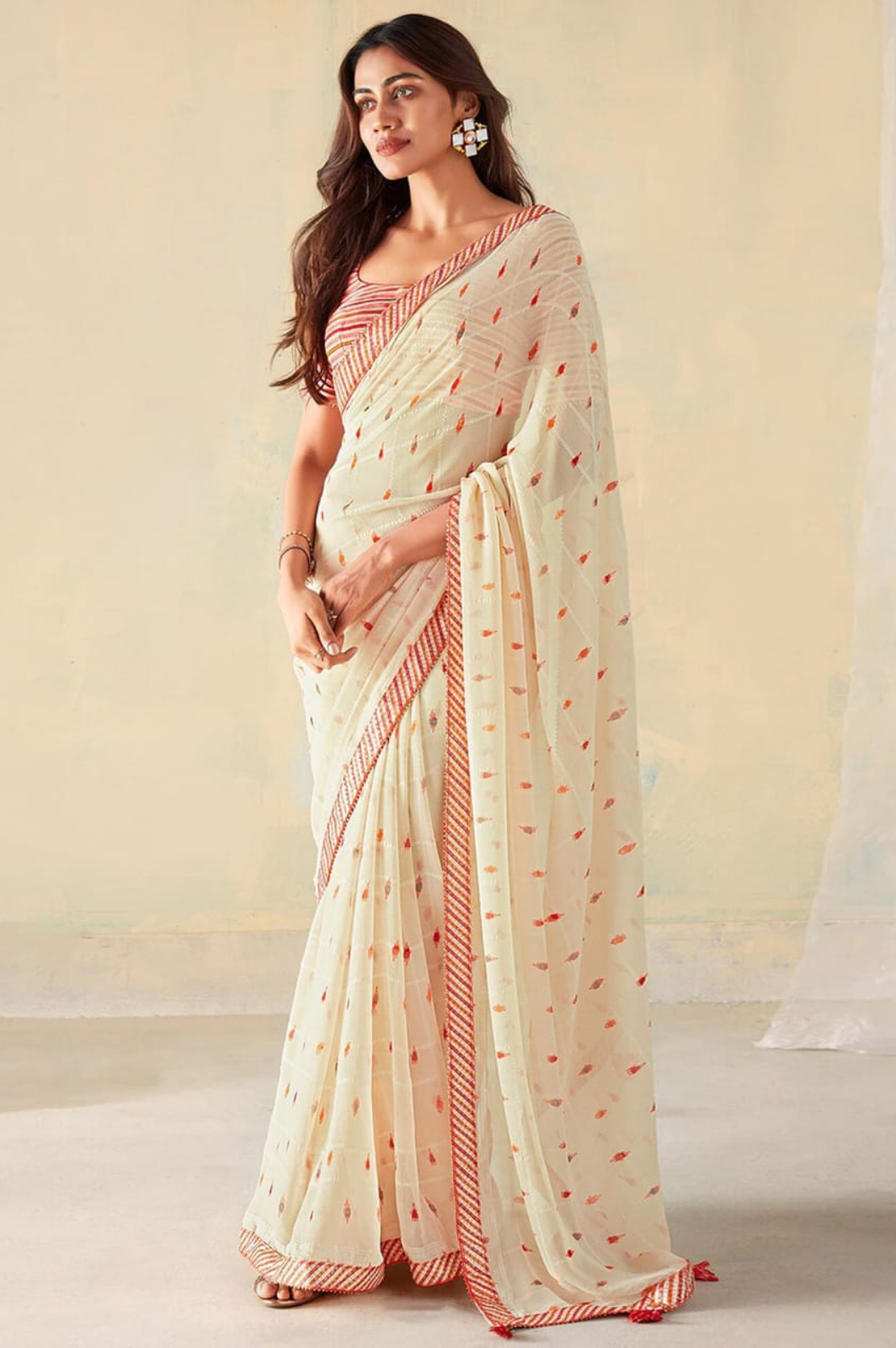 Bright Checks Georgette Silk Saree with Samosa Lace Work