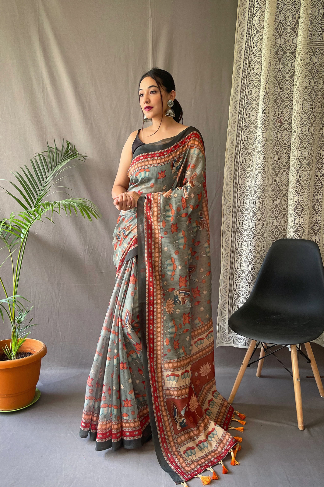 Pure Malai Cotton Saree with Big Border Digital Print and Elegant Kalamkari Patterns