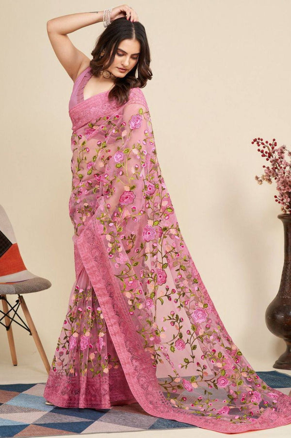 Soft Net Chikankari Embroidery Saree