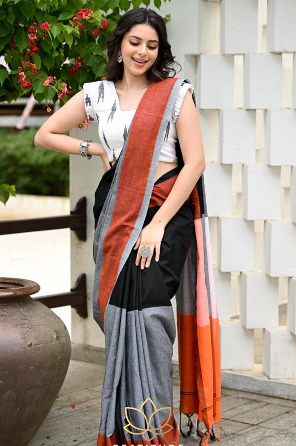 Charcoal CK Khadi Saree with Attached Blouse Piece