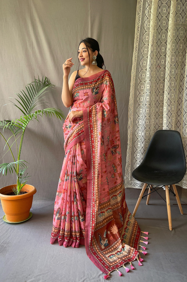 Pure Malai Cotton Saree with Big Border Digital Print and Elegant Kalamkari Patterns