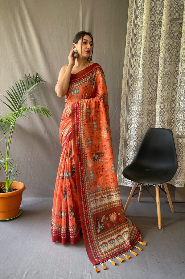 Pure Malai Cotton Saree with Big Border Digital Print and Elegant Kalamkari Patterns