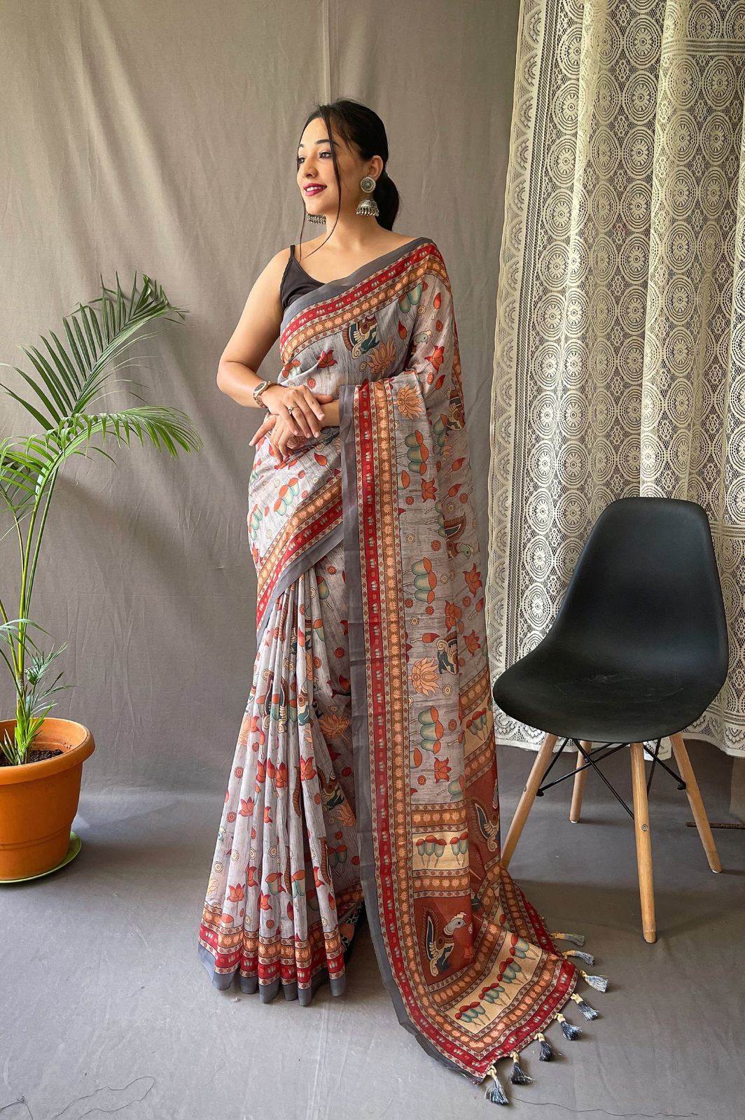 Pure Malai Cotton Saree with Big Border Digital Print and Elegant Kalamkari Patterns