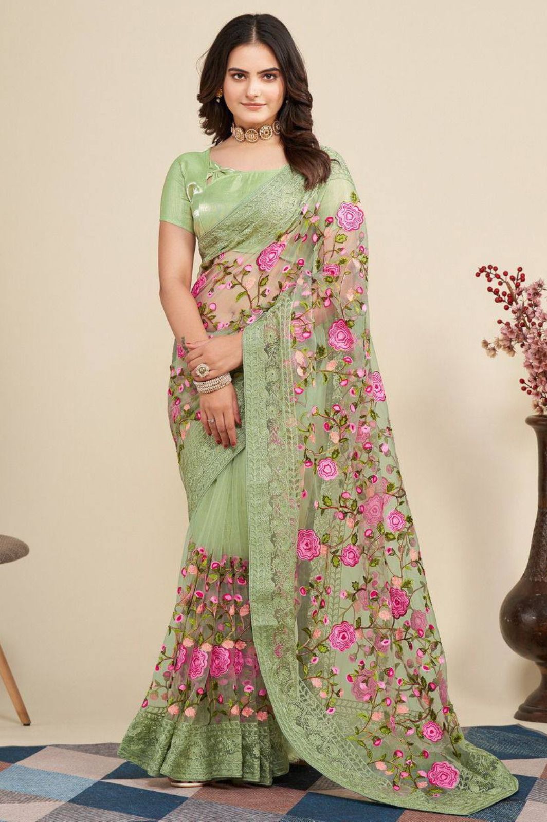 Soft Net Chikankari Embroidery Saree