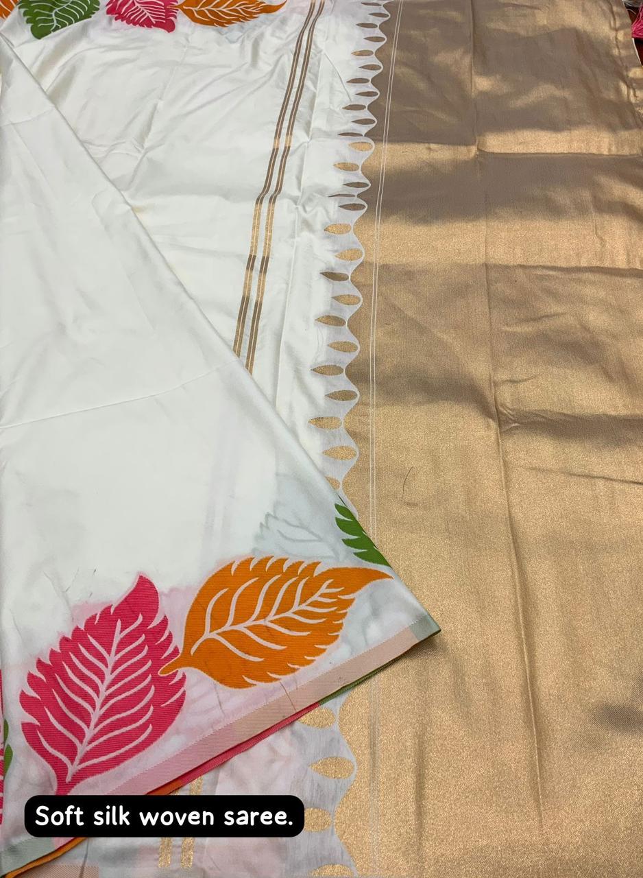 soft silk multicolour leaf woven design with zari woven pallu