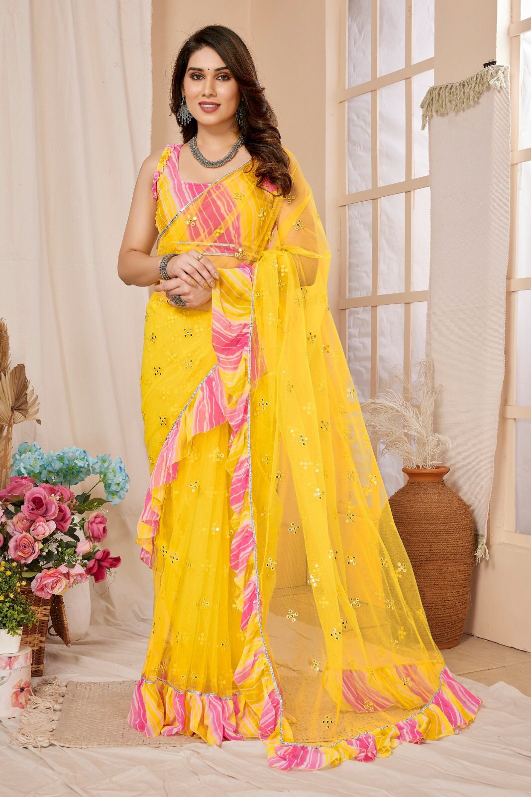 Net Saree with Mirror Work and Ruffal Design with Leriya Blouse