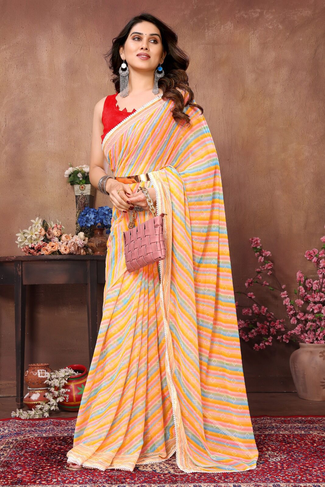 Georgette Silk Printed Ready-to-Wear Saree with Small Lace