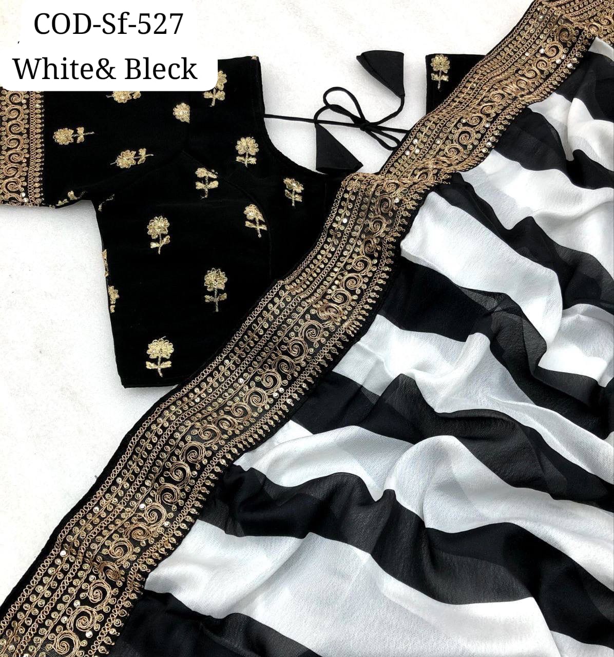 Faux Georgette Black & White Bollywood-Inspired Print Saree with Embroidery