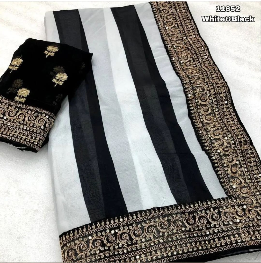 Faux Georgette Black & White Bollywood-Inspired Print Saree with Embroidery