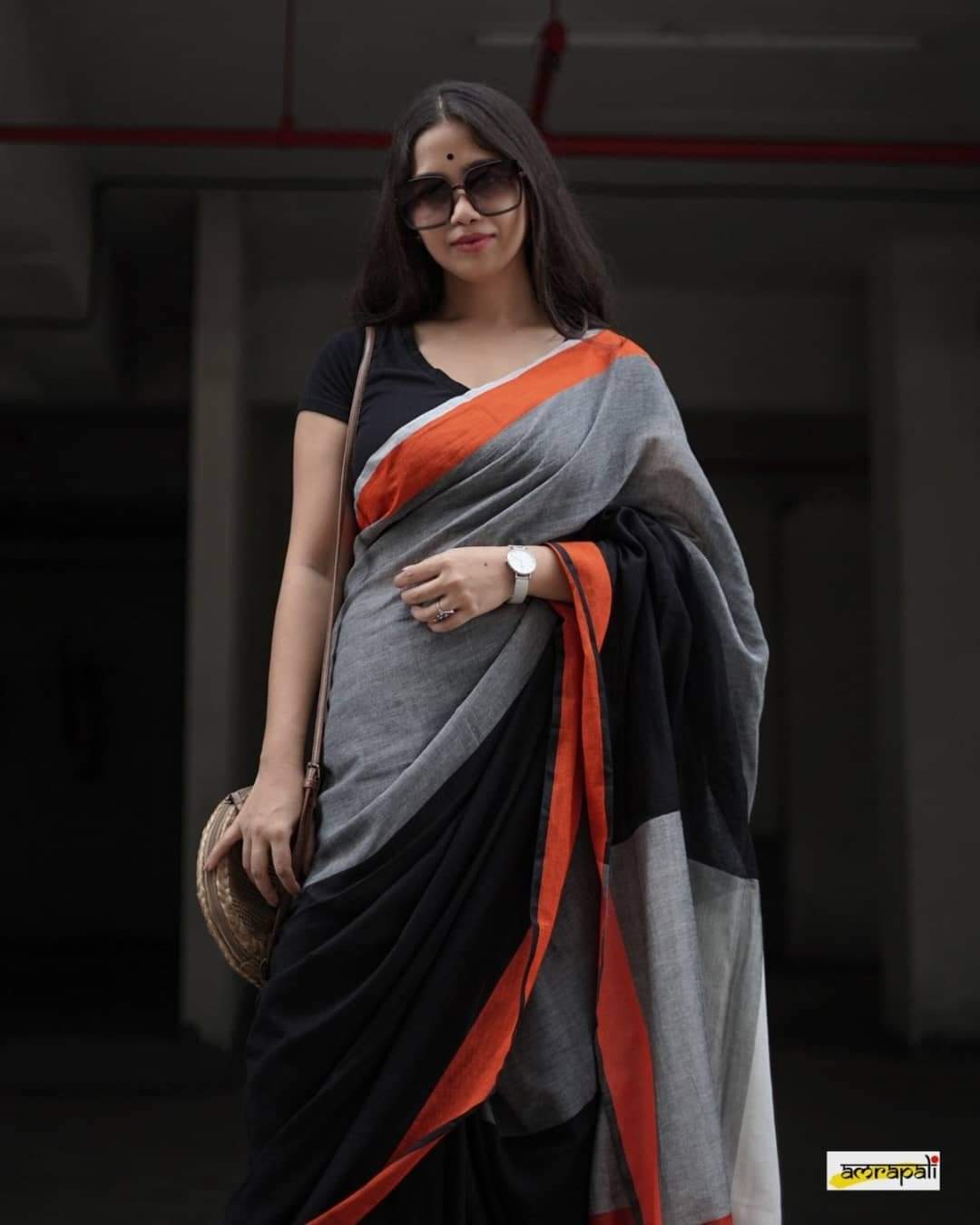 Charcoal CK Khadi Saree with Attached Blouse Piece