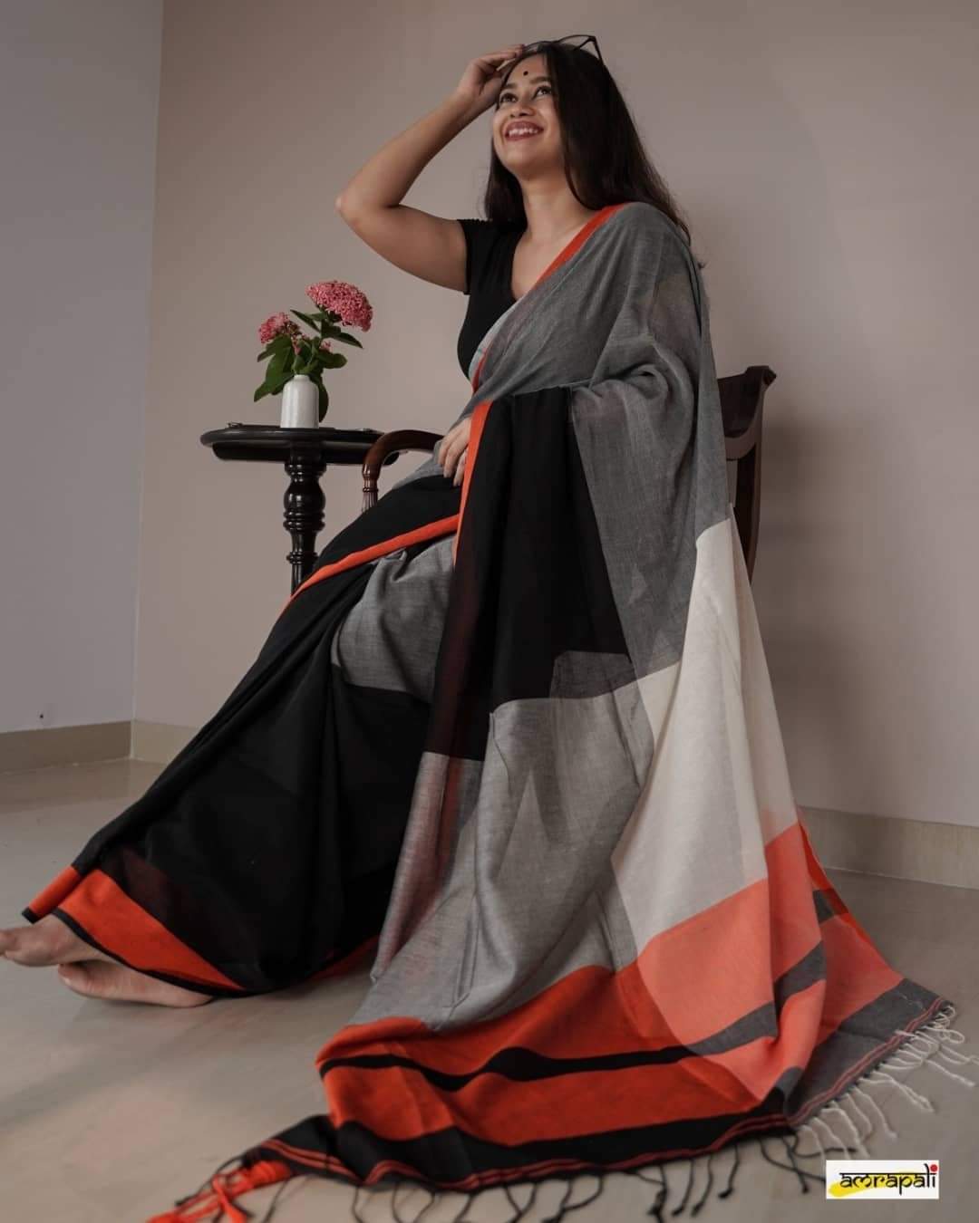 Charcoal CK Khadi Saree with Attached Blouse Piece