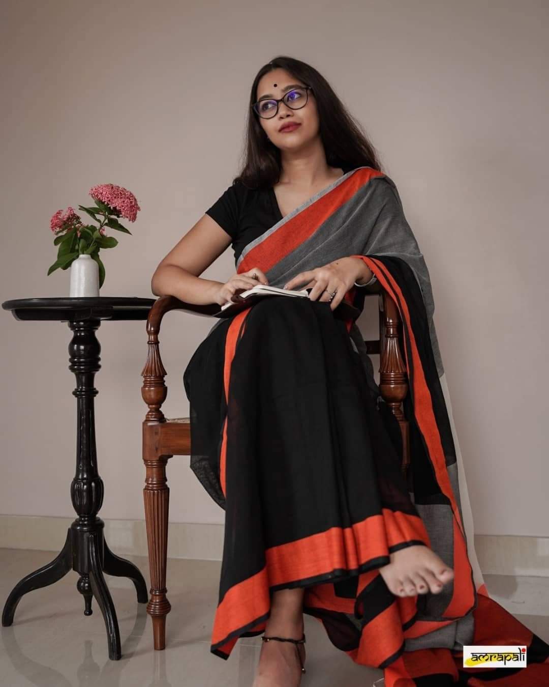 Charcoal CK Khadi Saree with Attached Blouse Piece