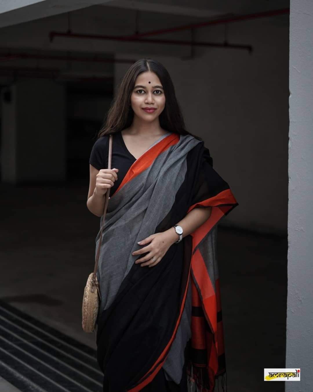 Charcoal CK Khadi Saree with Attached Blouse Piece