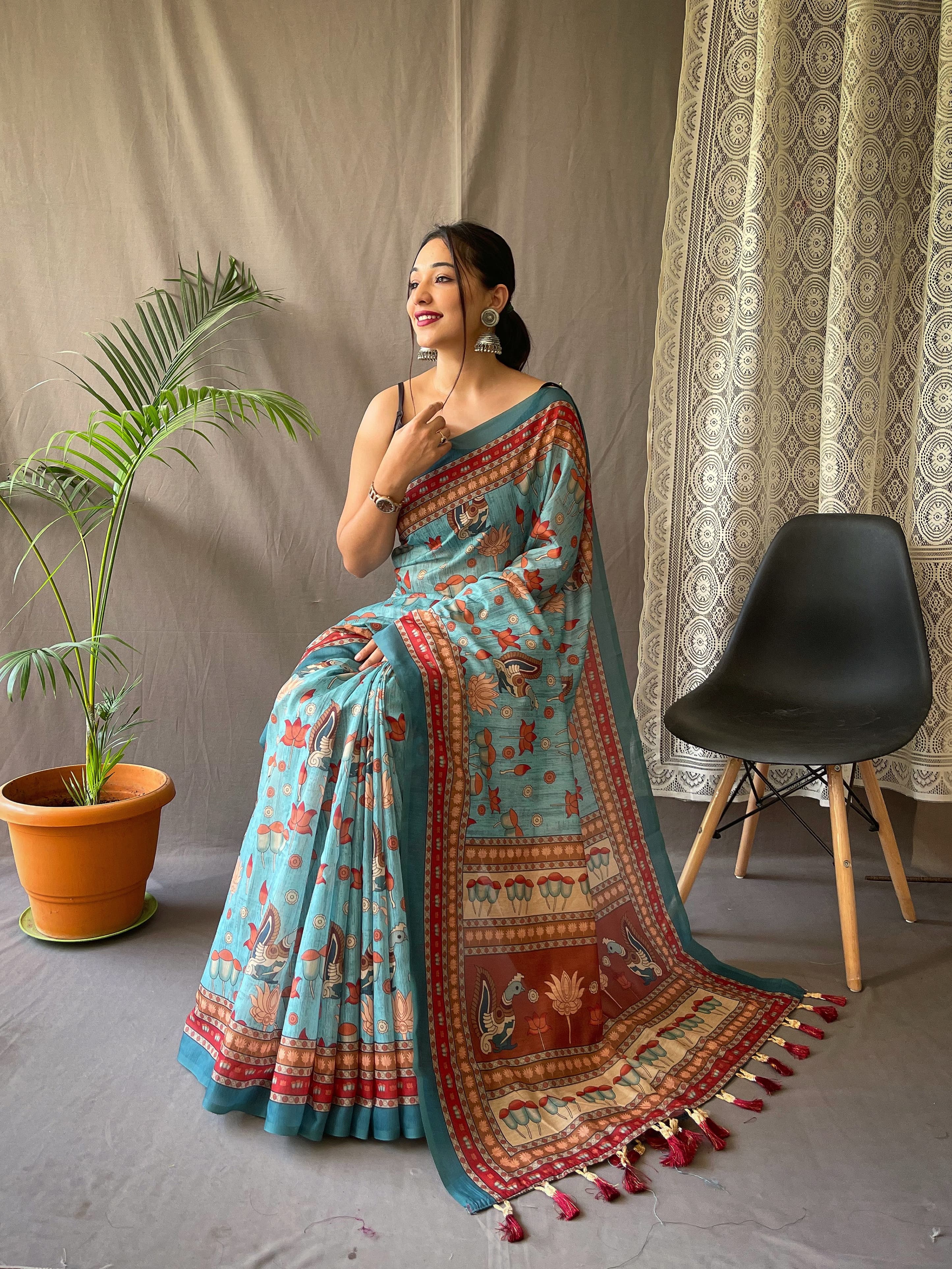 Pure Malai Cotton Saree with Big Border Digital Print and Elegant Kalamkari Patterns