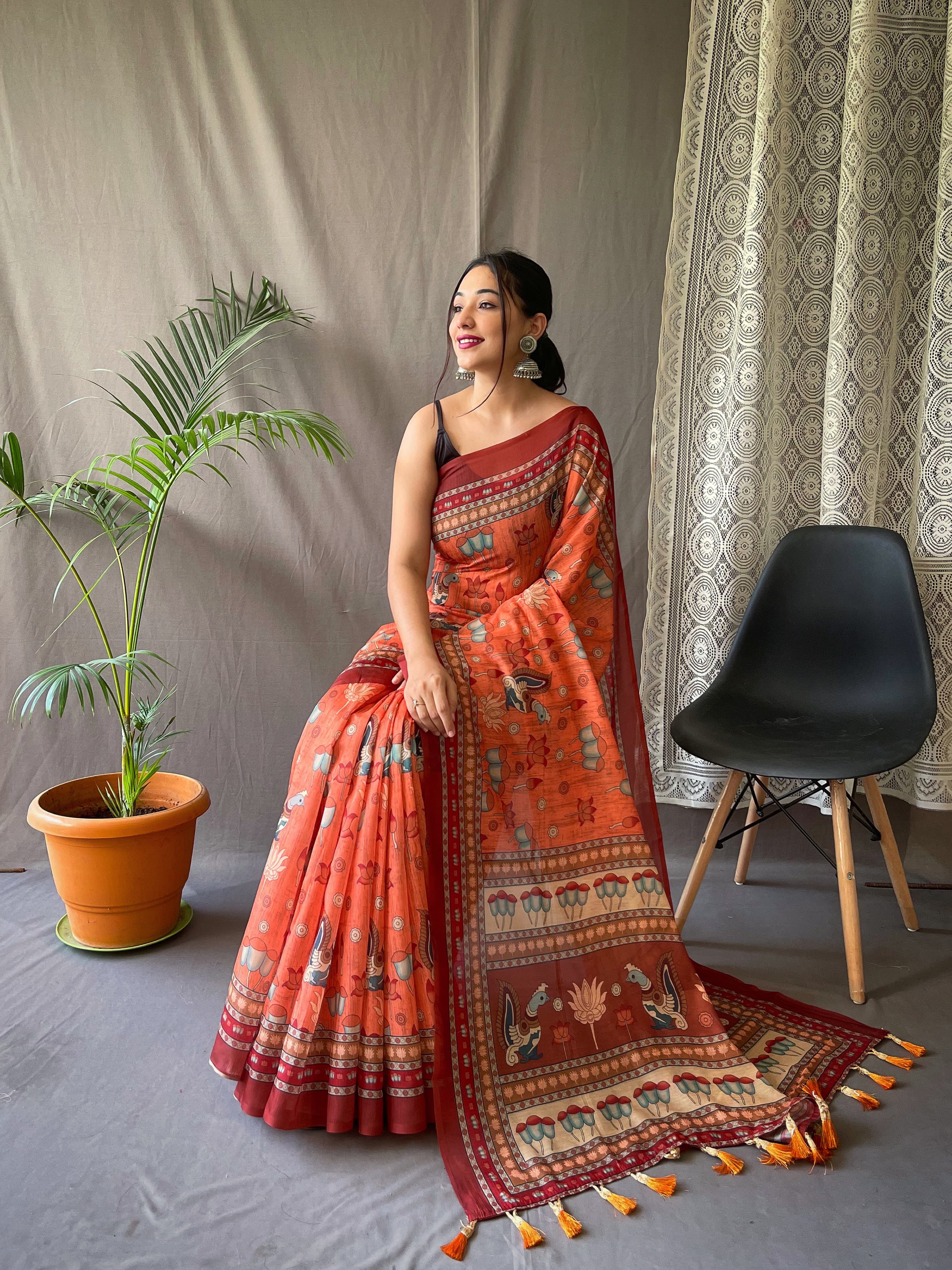 Pure Malai Cotton Saree with Big Border Digital Print and Elegant Kalamkari Patterns