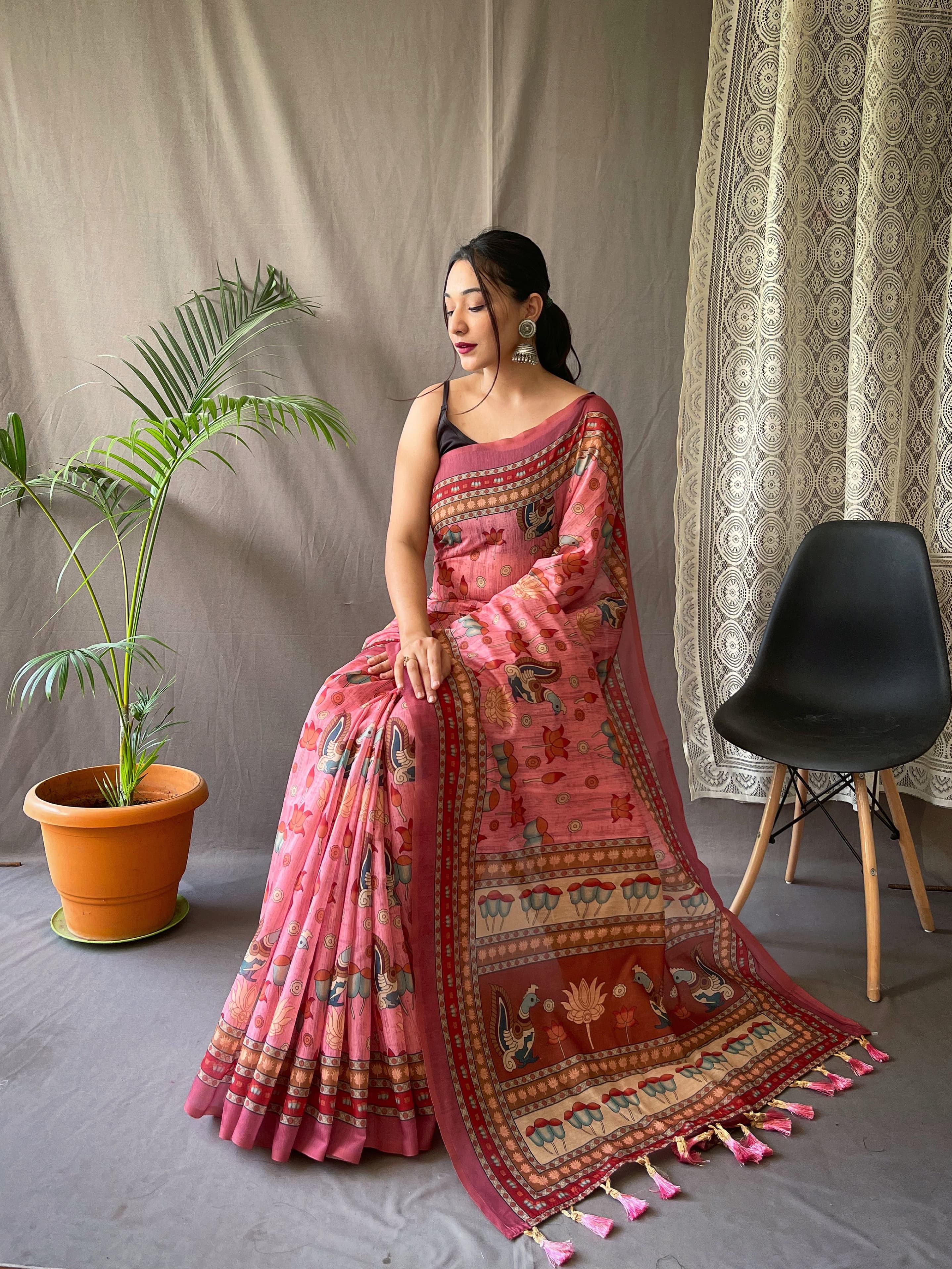 Pure Malai Cotton Saree with Big Border Digital Print and Elegant Kalamkari Patterns