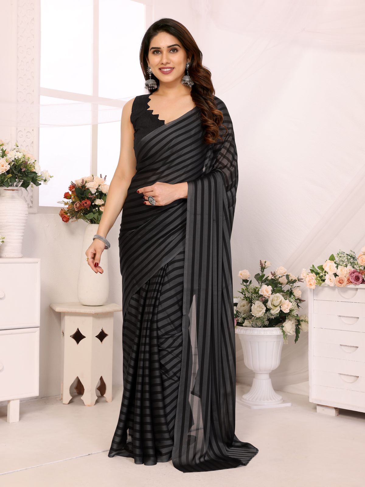 Lining Printed Georgette Ready-to-Wear Saree with Banglori Silk Blouse