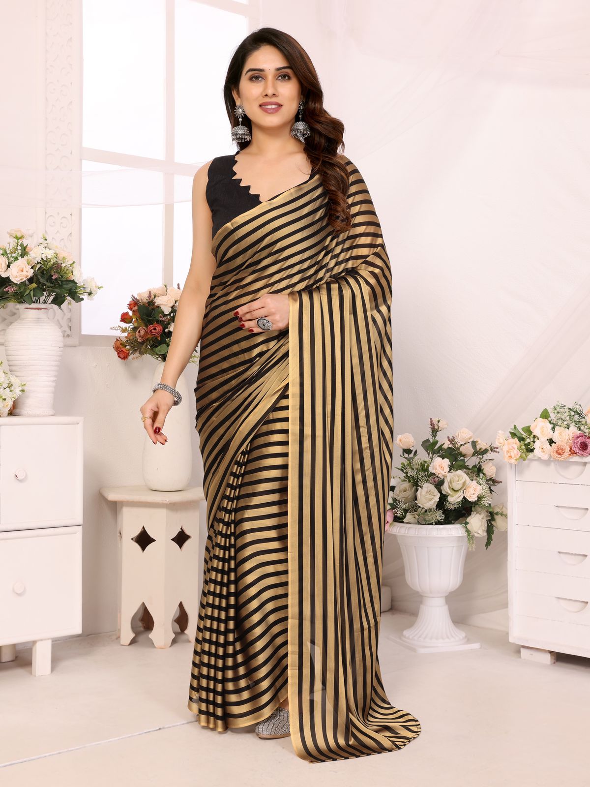 Lining Printed Georgette Ready-to-Wear Saree with Banglori Silk Blouse