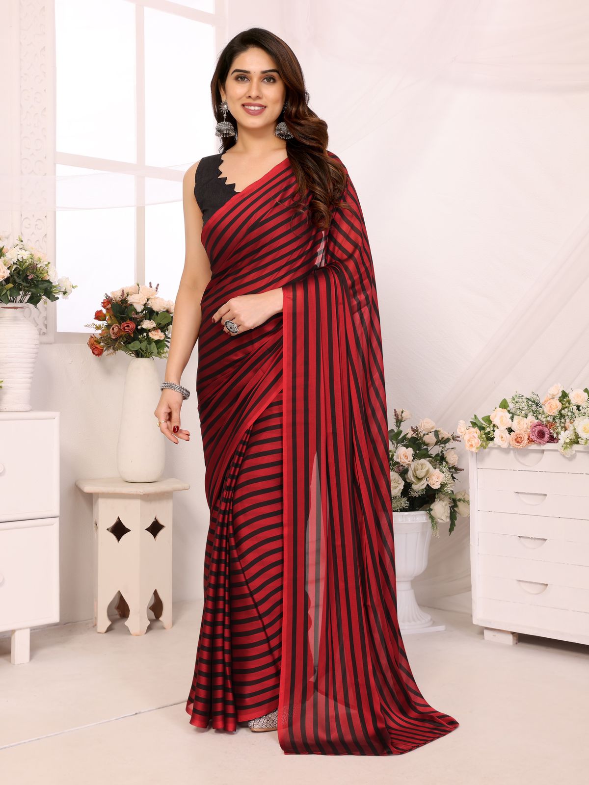 Lining Printed Georgette Ready-to-Wear Saree with Banglori Silk Blouse