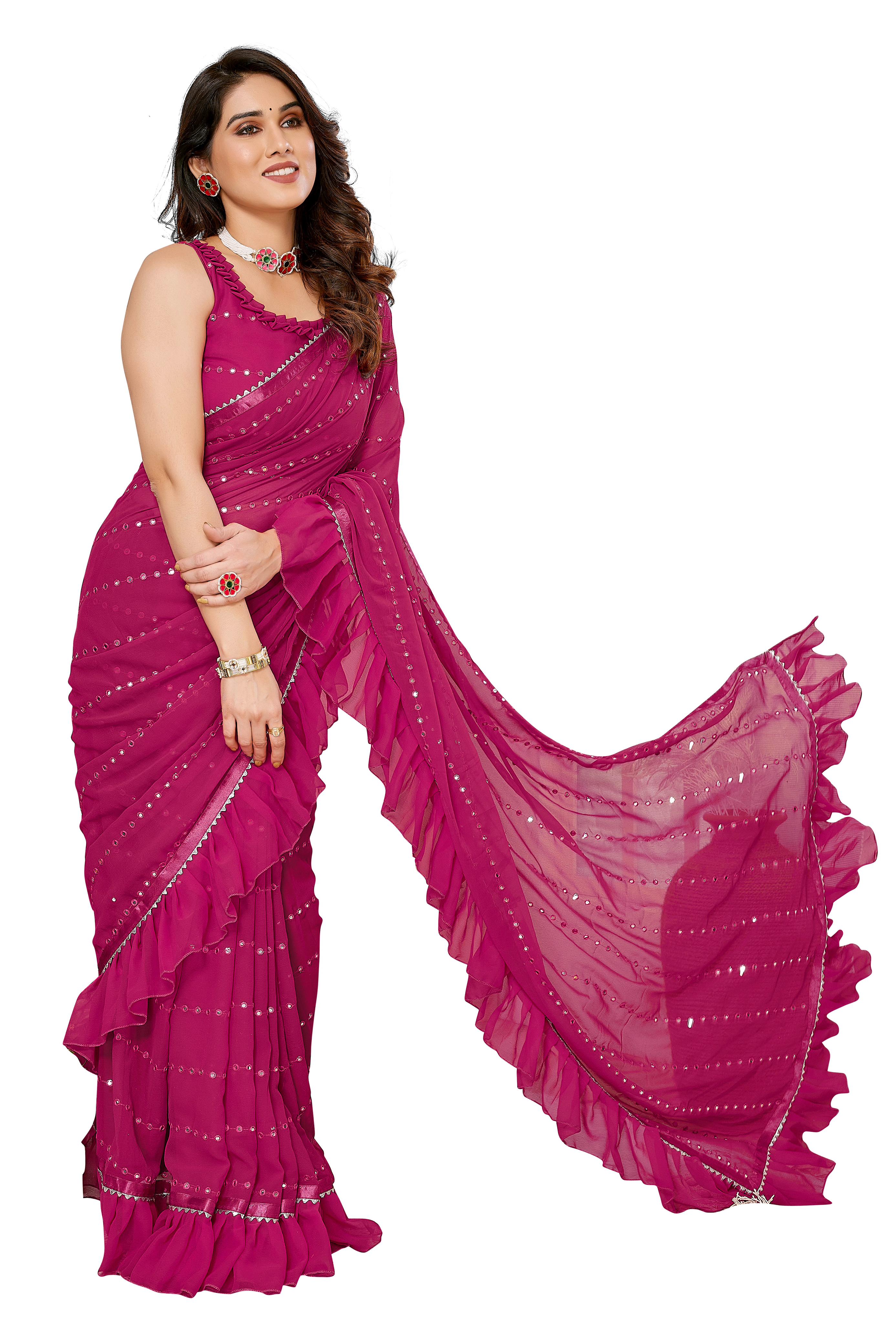 Georgette Silk Ruffal Saree with Mirror Work