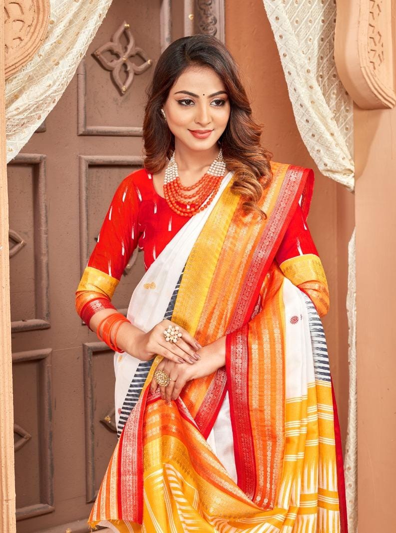 soft cotton crape saree with woven zari border