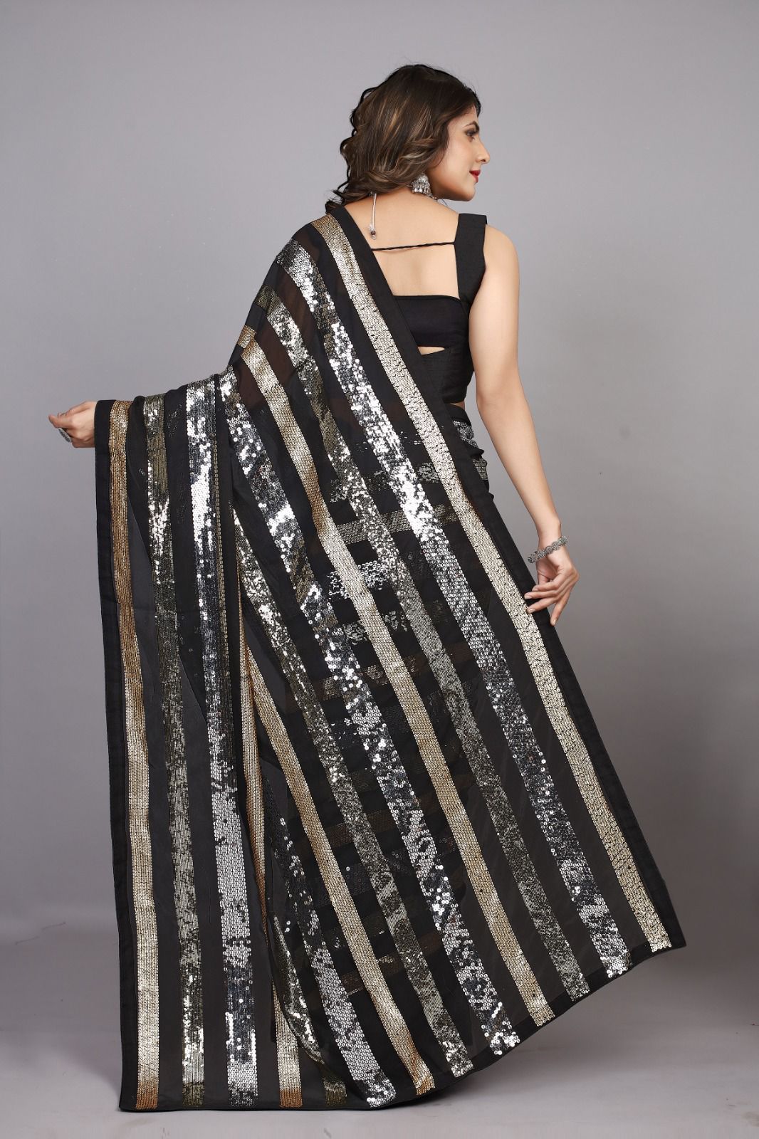 Heavy Georgette Saree with Sequence Embroidery Work and Piping Lace Border