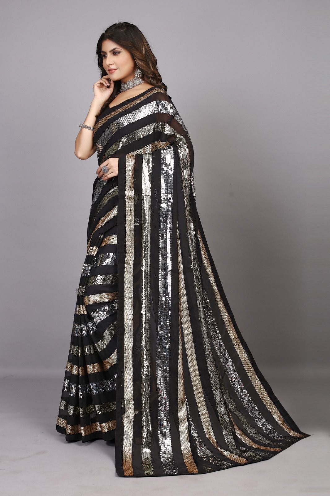 Heavy Georgette Saree with Sequence Embroidery Work and Piping Lace Border