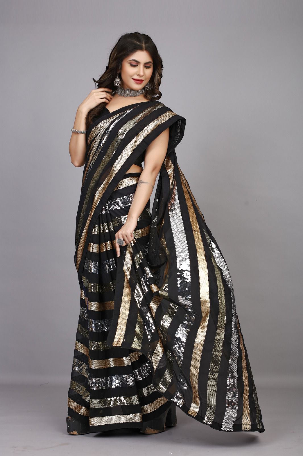 Heavy Georgette Saree with Sequence Embroidery Work and Piping Lace Border