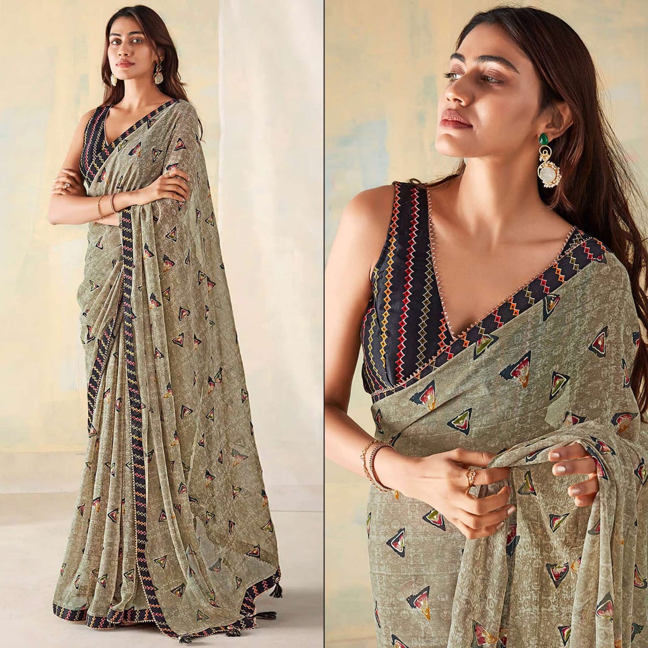 Bright Checks Georgette Silk Saree with Samosa Lace Work