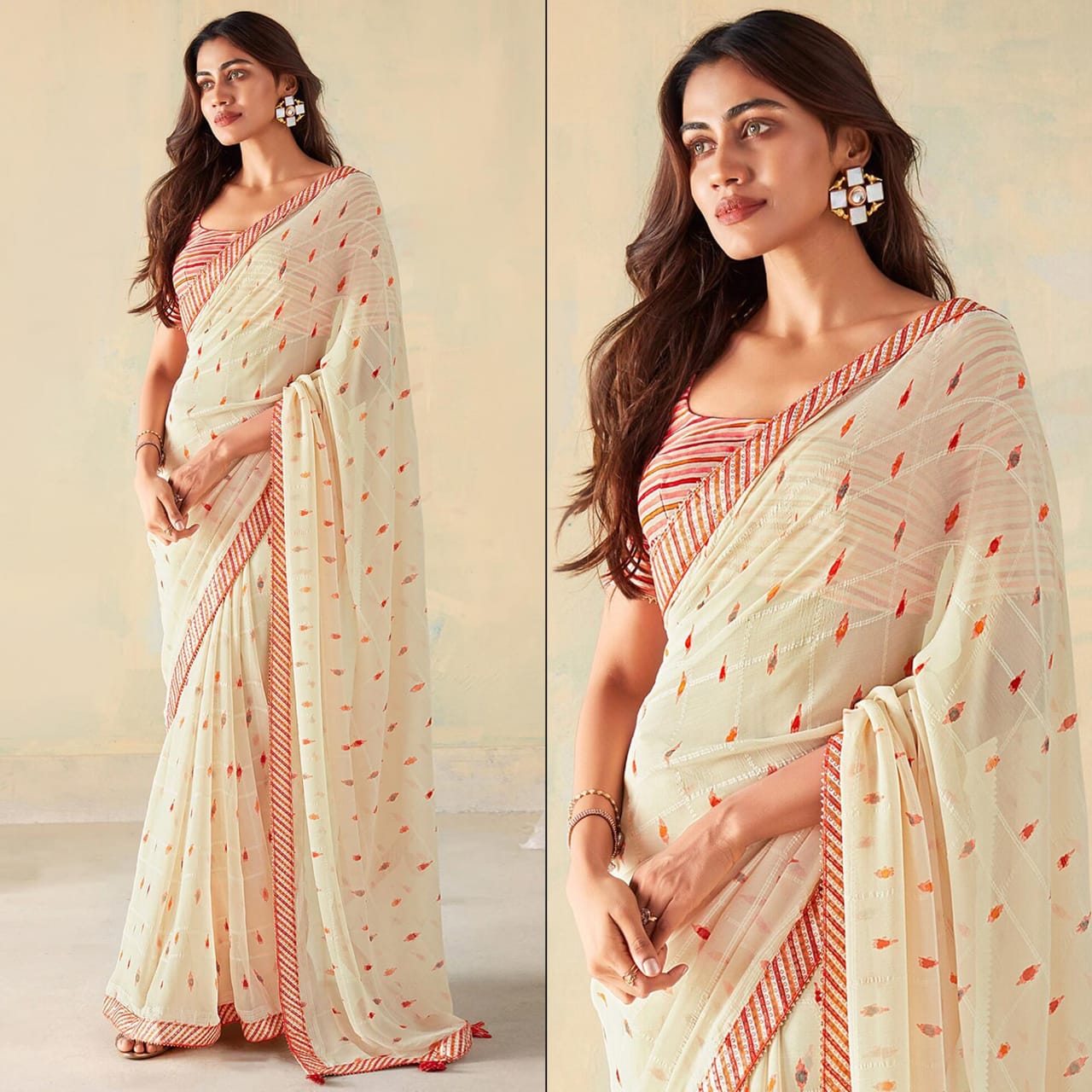 Bright Checks Georgette Silk Saree with Samosa Lace Work