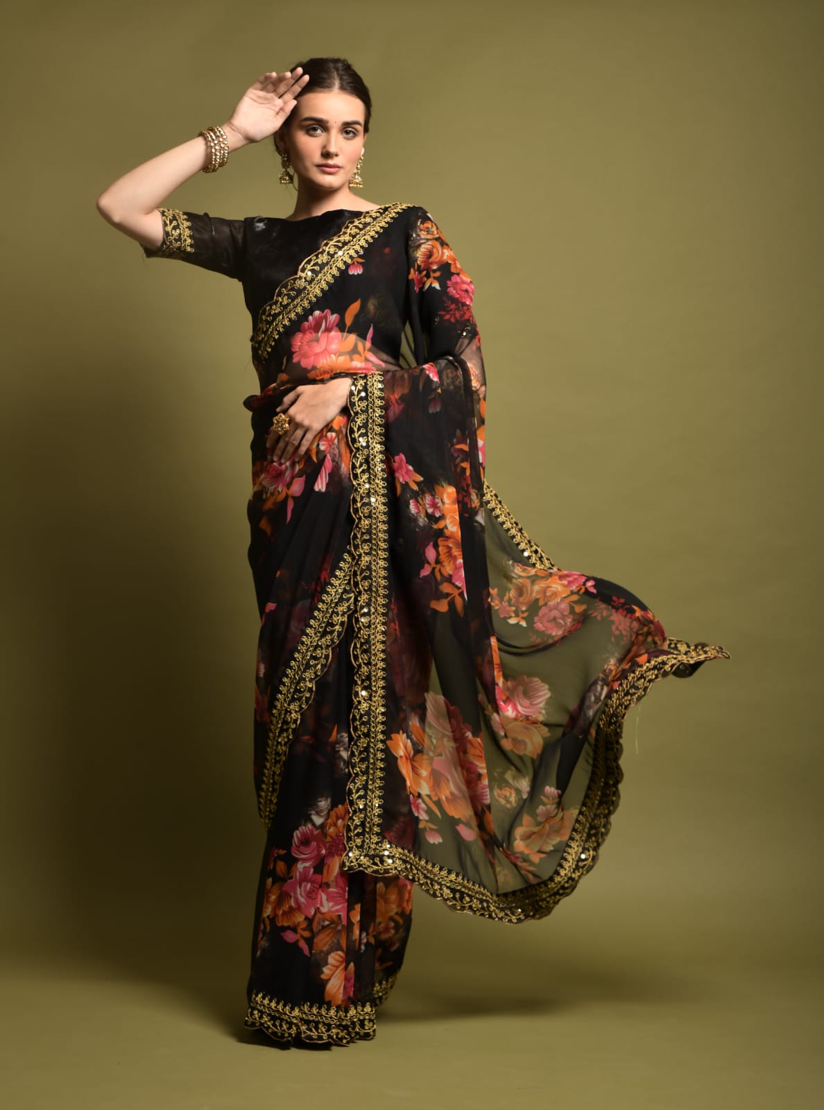 Georgette Saree with Flower Print and Embroidery Work