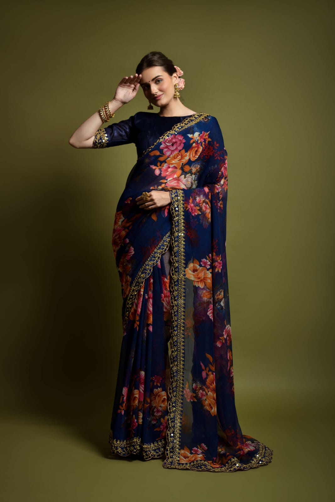 Georgette Saree with Flower Print and Embroidery Work