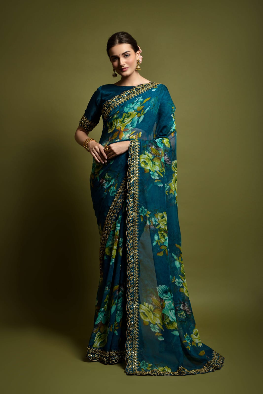 Georgette Saree with Flower Print and Embroidery Work