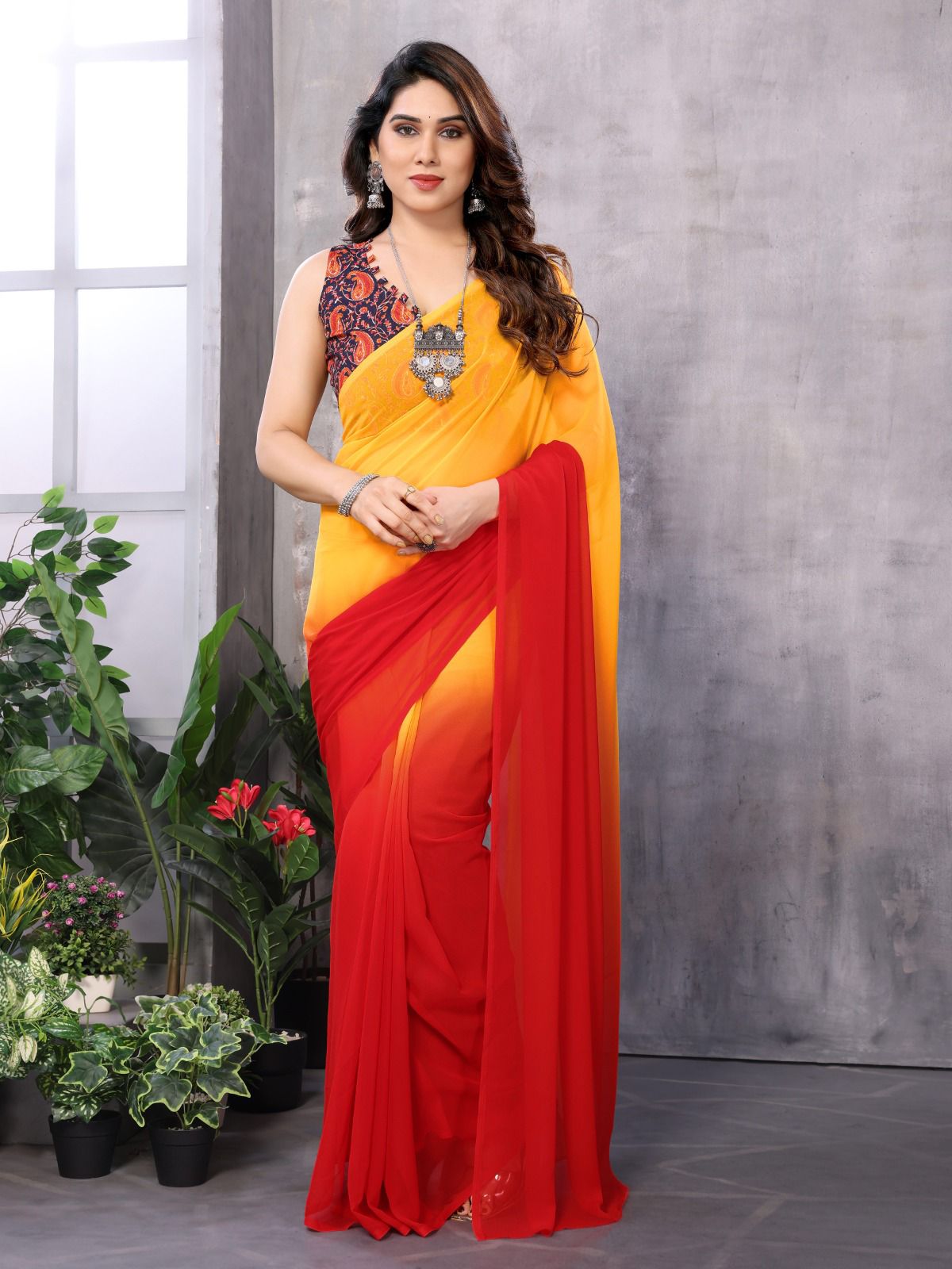 Premium Georgette silk, known for its lightweight texture and graceful drape