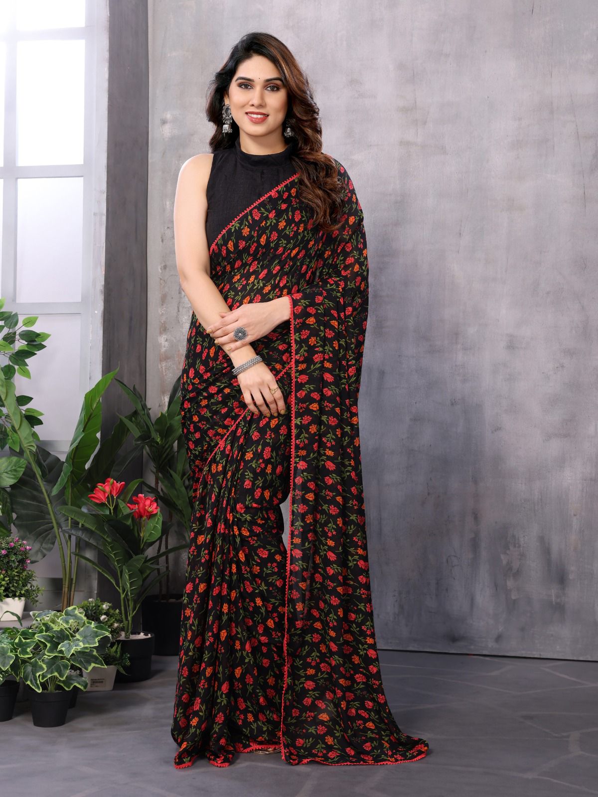 Premium Georgette silk, known for its lightweight texture and graceful drape