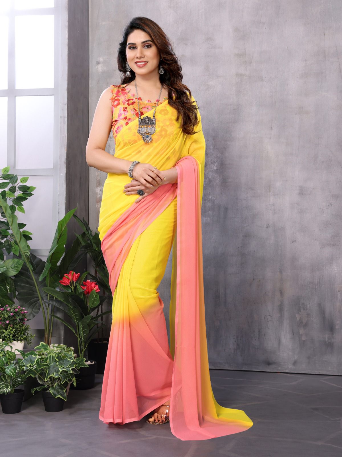 Premium Georgette silk, known for its lightweight texture and graceful drape