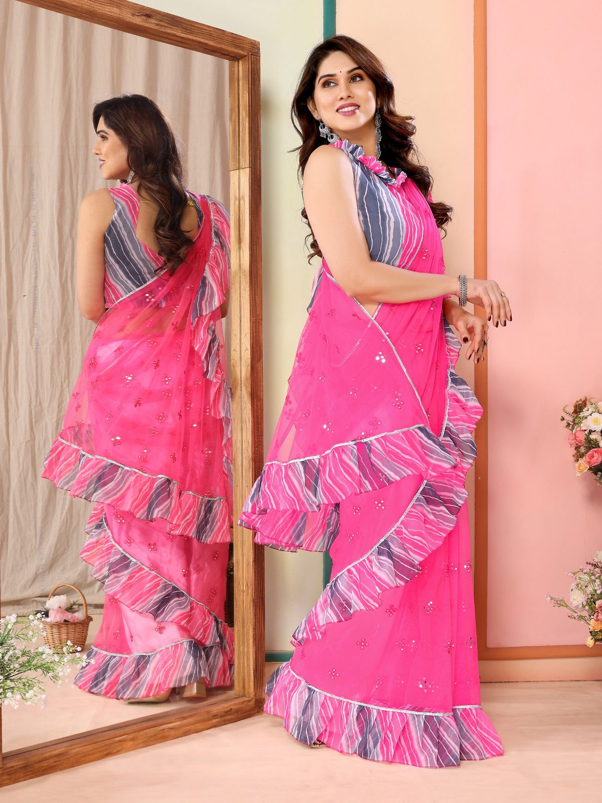 Net Saree with Mirror Work and Ruffal Design with Leriya Blouse