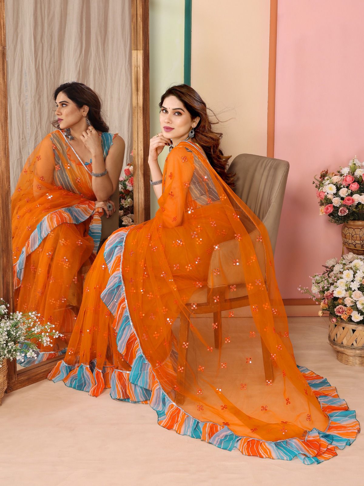 Net Saree with Mirror Work and Ruffal Design with Leriya Blouse