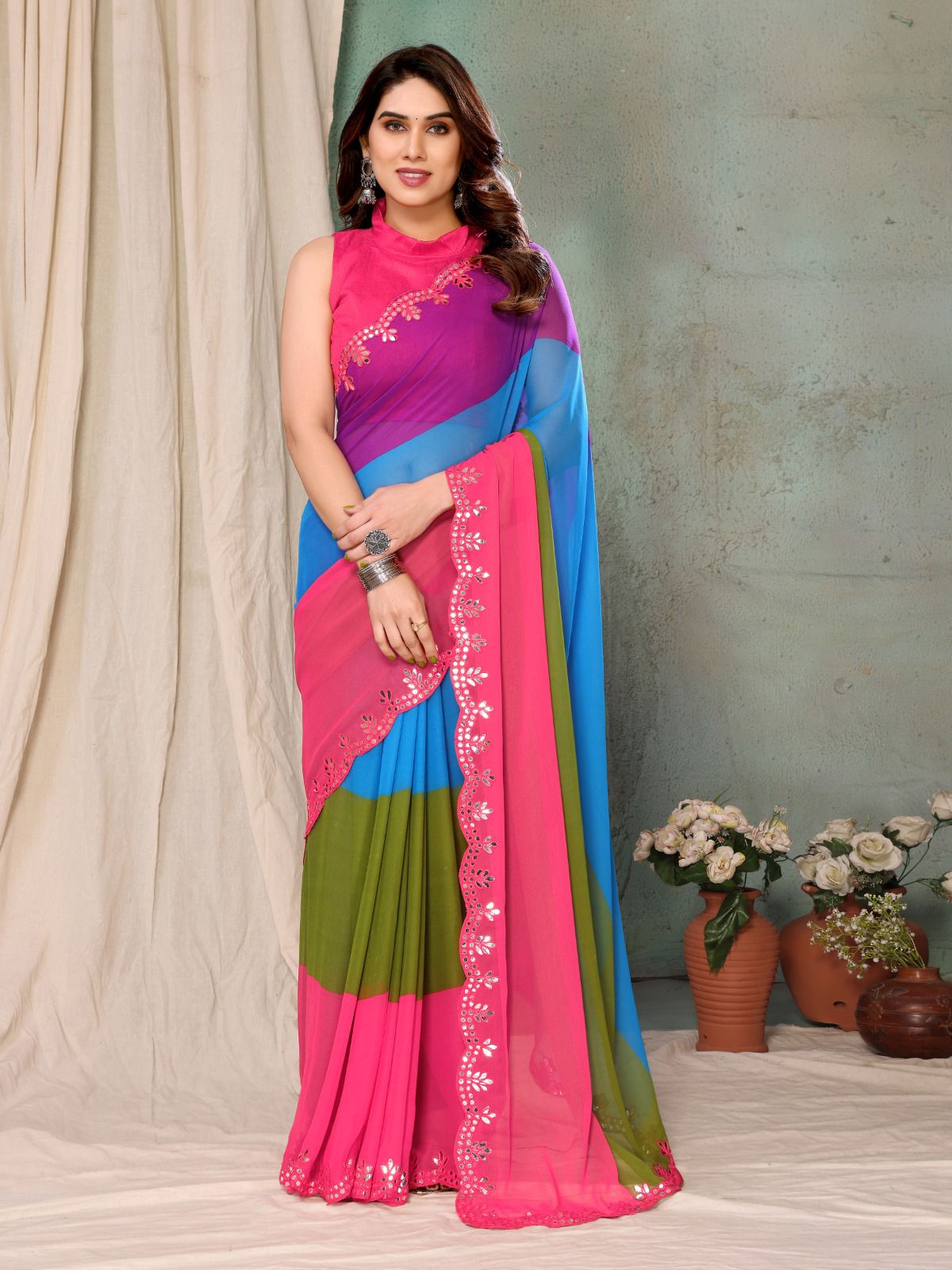 Georgette Silk Printed Saree with Mirror Work