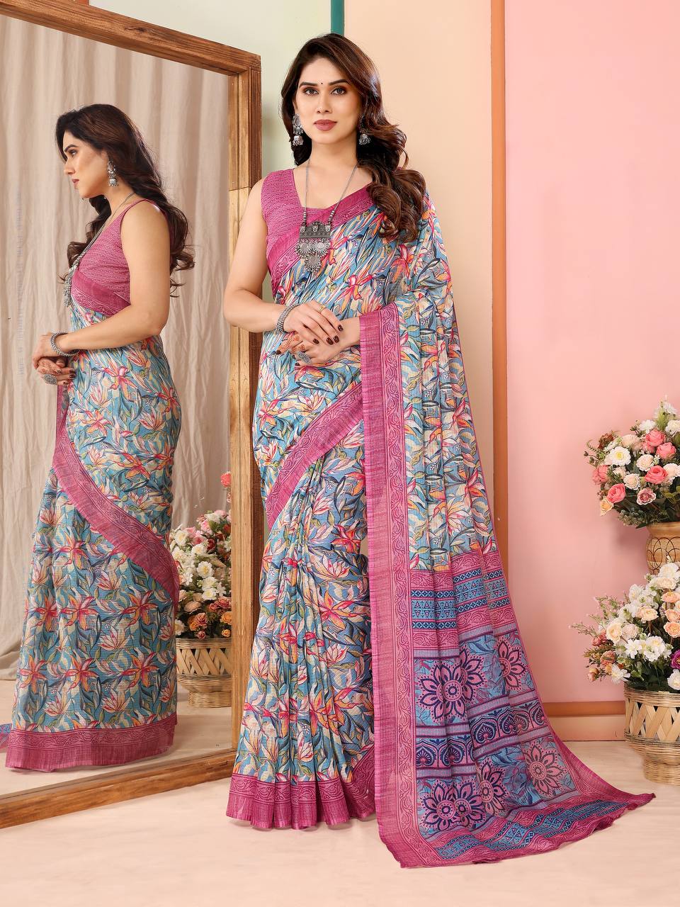 Premium Kota Doriya silk, renowned for its lightweight feel and elegant texture