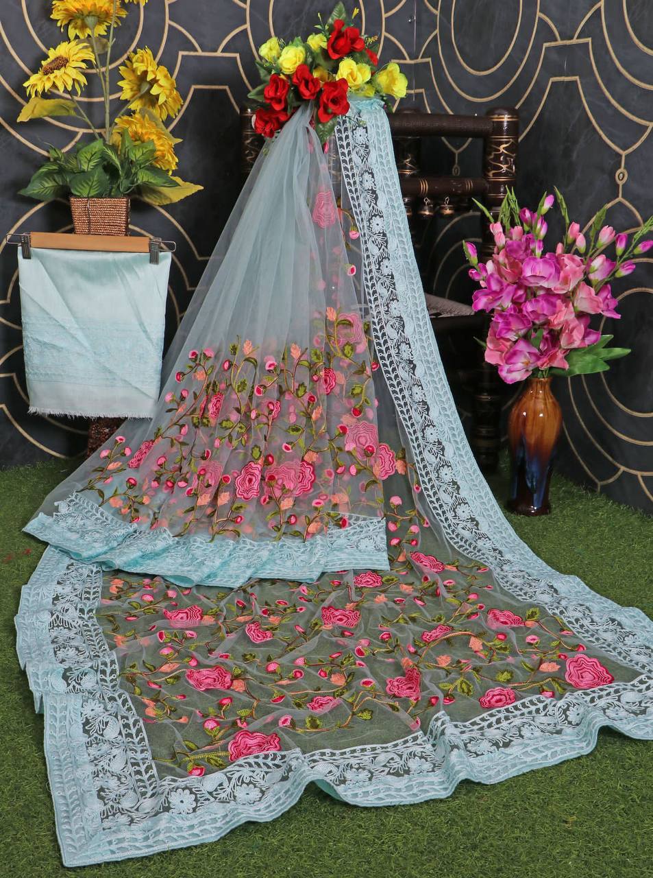 Soft Net Chikankari Embroidery Saree