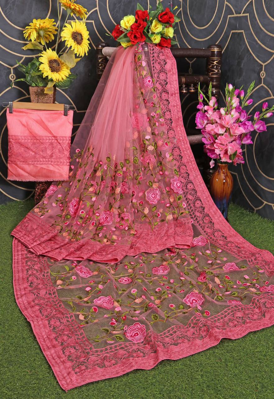 Soft Net Chikankari Embroidery Saree