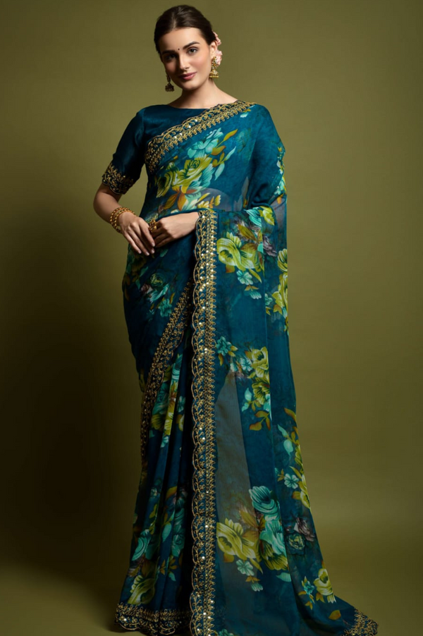 Georgette Saree with Flower Print and Embroidery Work