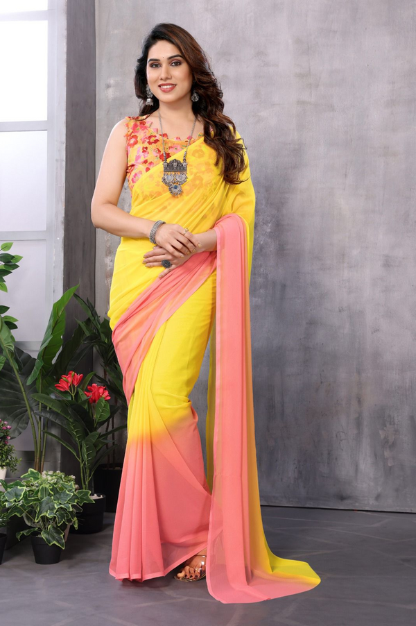 Premium Georgette silk, known for its lightweight texture and graceful drape