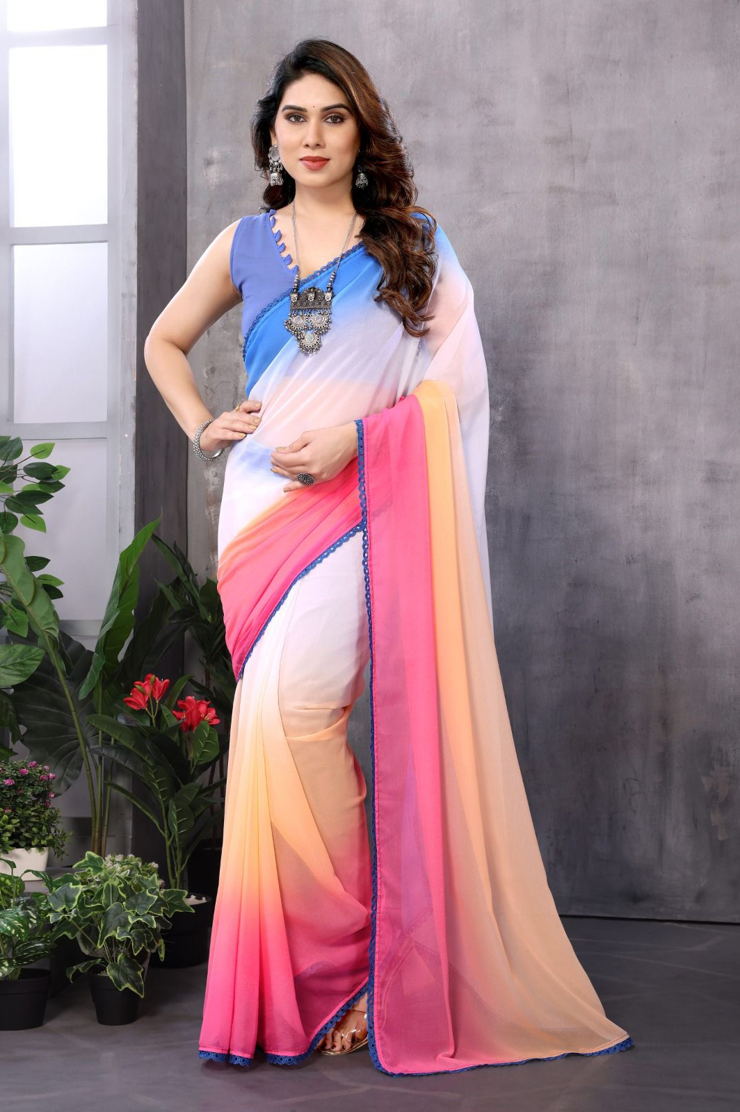 Premium Georgette silk, known for its lightweight texture and graceful drape