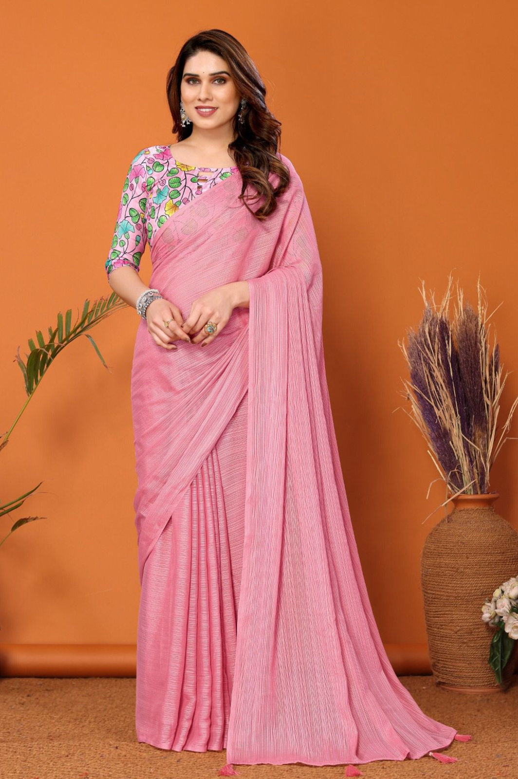 Polyester Zari Plain Saree with Kalamkari Digital Print Blouse