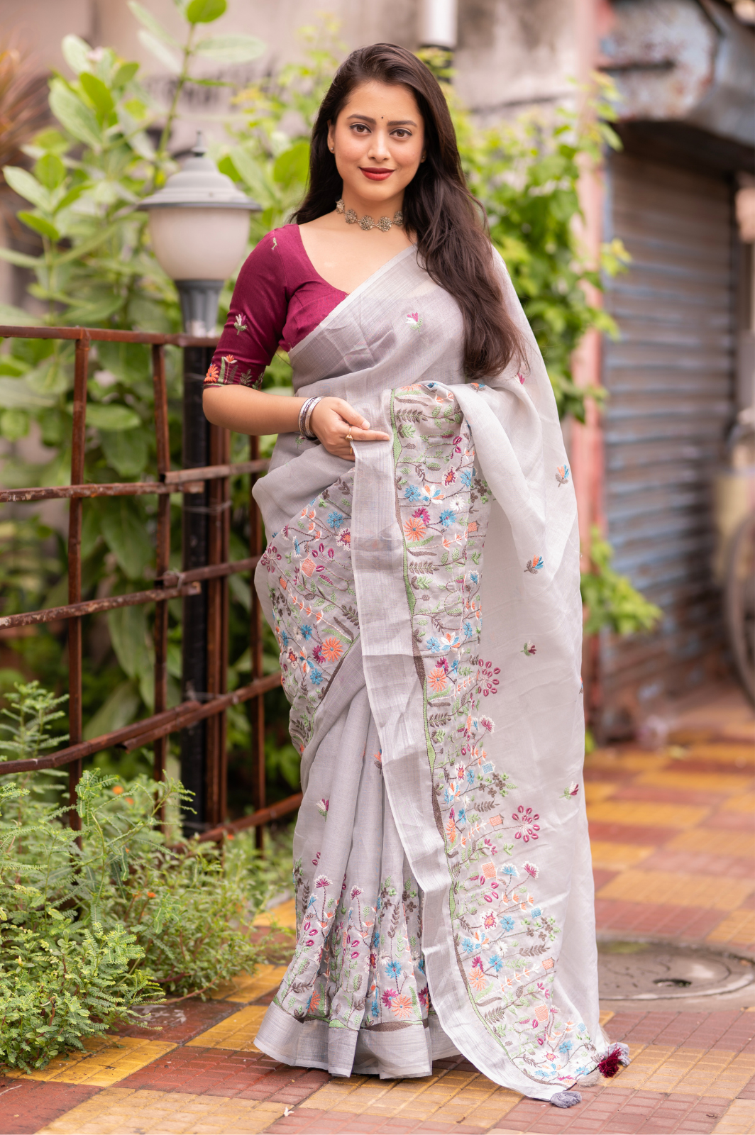 Pure Linen Saree with Silver Zari Pattu Border and Cotton Tassels