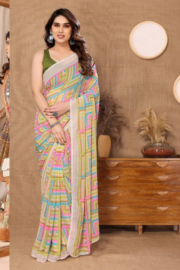 Premium Georgette silk, known for its lightweight and elegant drape